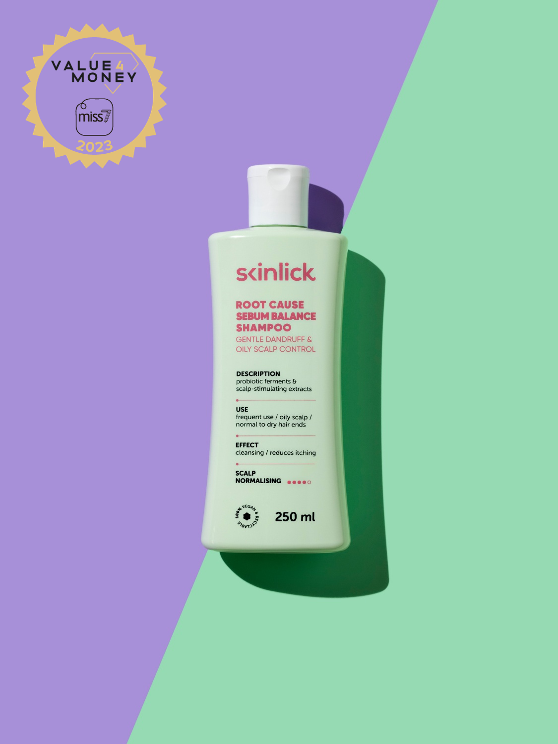 Skinlick Root Cause Sebum Balance Shampoo blagi šampon za regulaciju masnog vlasišta i perut u bočici i Value4Money nagradom